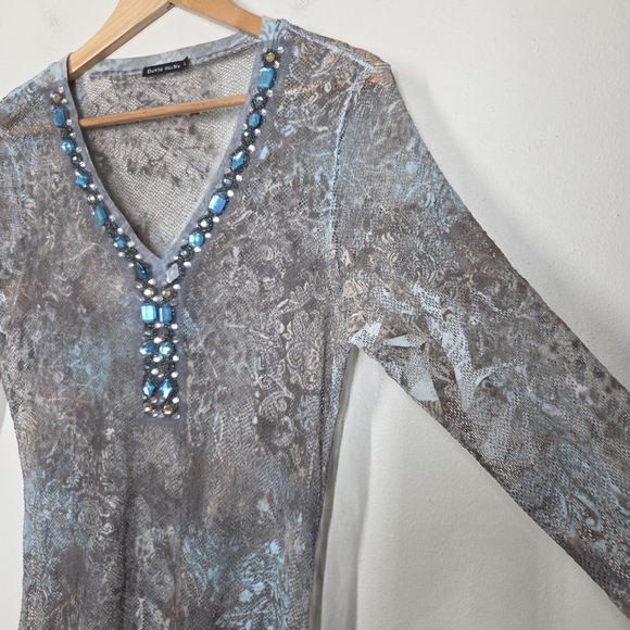 Vtg Y2K David Cline Mesh Fishnet Floral Burnout Embellished Top Grunge Fairy Lrg - Picture 5 of 9